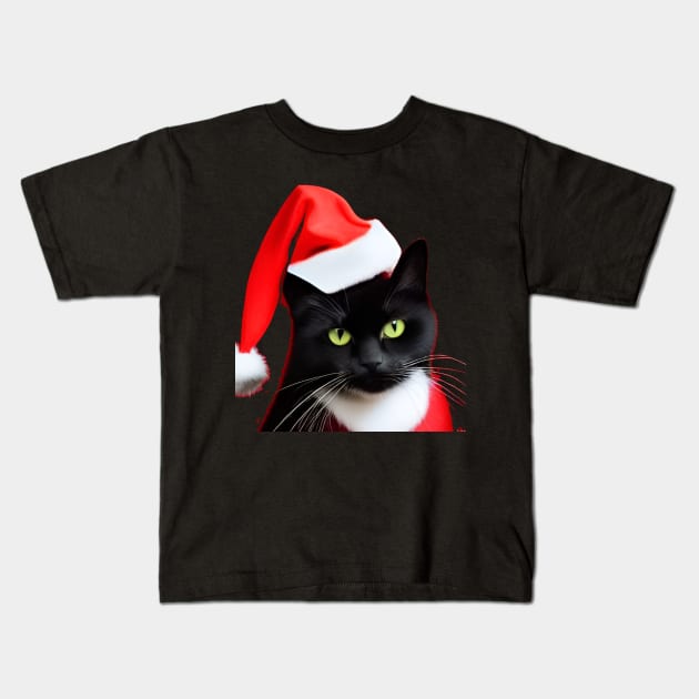 Cute black cat wearing a christmas hat Kids T-Shirt by Blossom Self Care